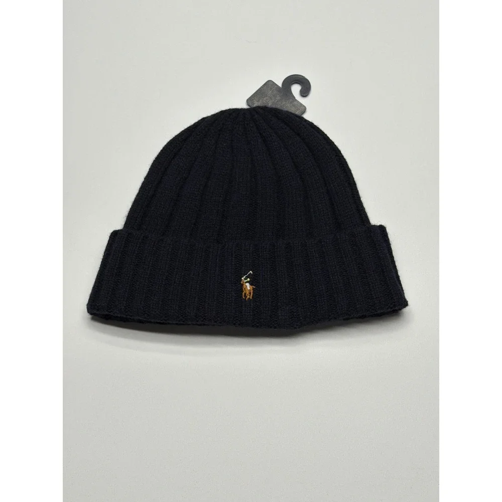 Polo Ralph‎ Lauren Men Navy Blue Wool Blend Ribbed Beanie Hat One Size NWT